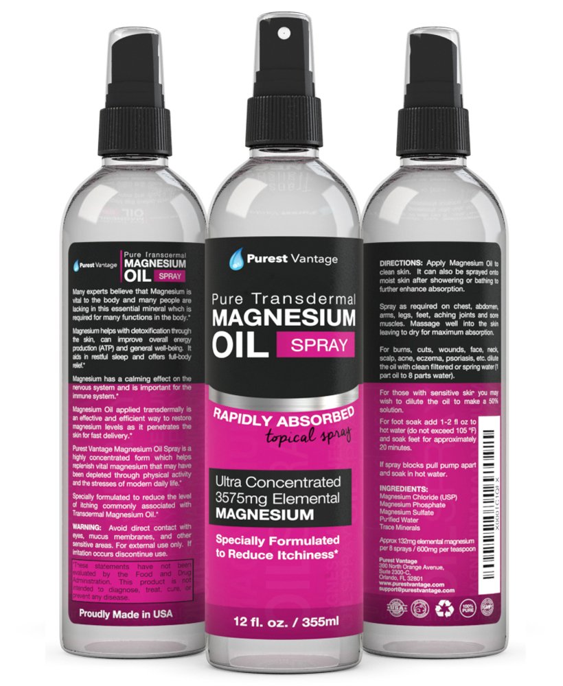 Pure Magnesium Oil Spray - LEAST ITCHY and Highest Potency - ONE 12fl. Oz Transdermal Magnesium Oil - Used for Joint Pain, Sore Muscles, Insomnia, Restless Leg Syndrome, Headaches and more - Made in USA