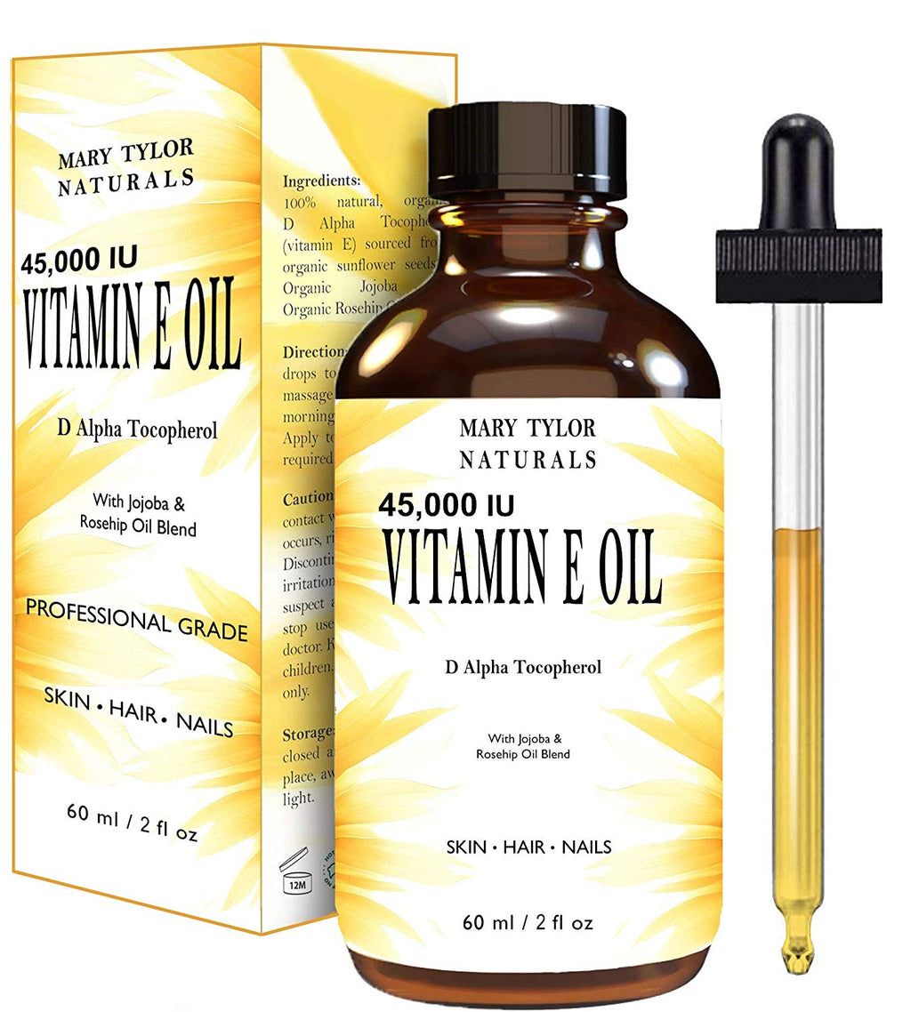 Natural Vitamin E Oil, (2 oz) 45,000 IU + Organic Rosehip & Organic Jojoba Blend for Skin, Body & Nails, Reduce Appearance of Scars, Wrinkles, Dark Spots by Mary Tylor Naturals